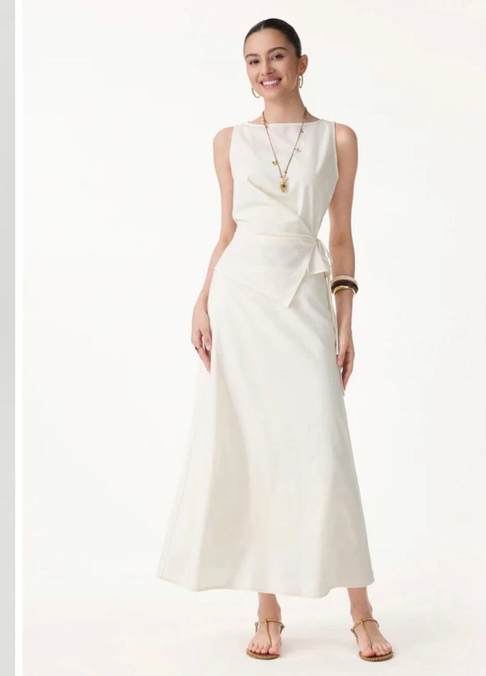 OGL Linen 2Pcs Boatneck Waist-Defined Top & Maxi Flared Skirt Small